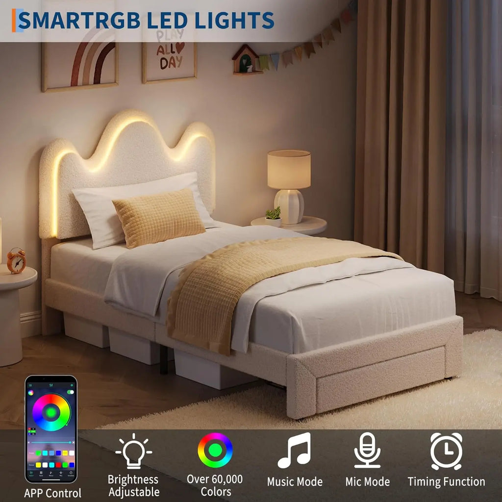 TWIN Size Boucle Princess Bed Frame for Kids/Girls - Upholstered with Flower Headboard, LED Platform Bed with Storage Drawers, S