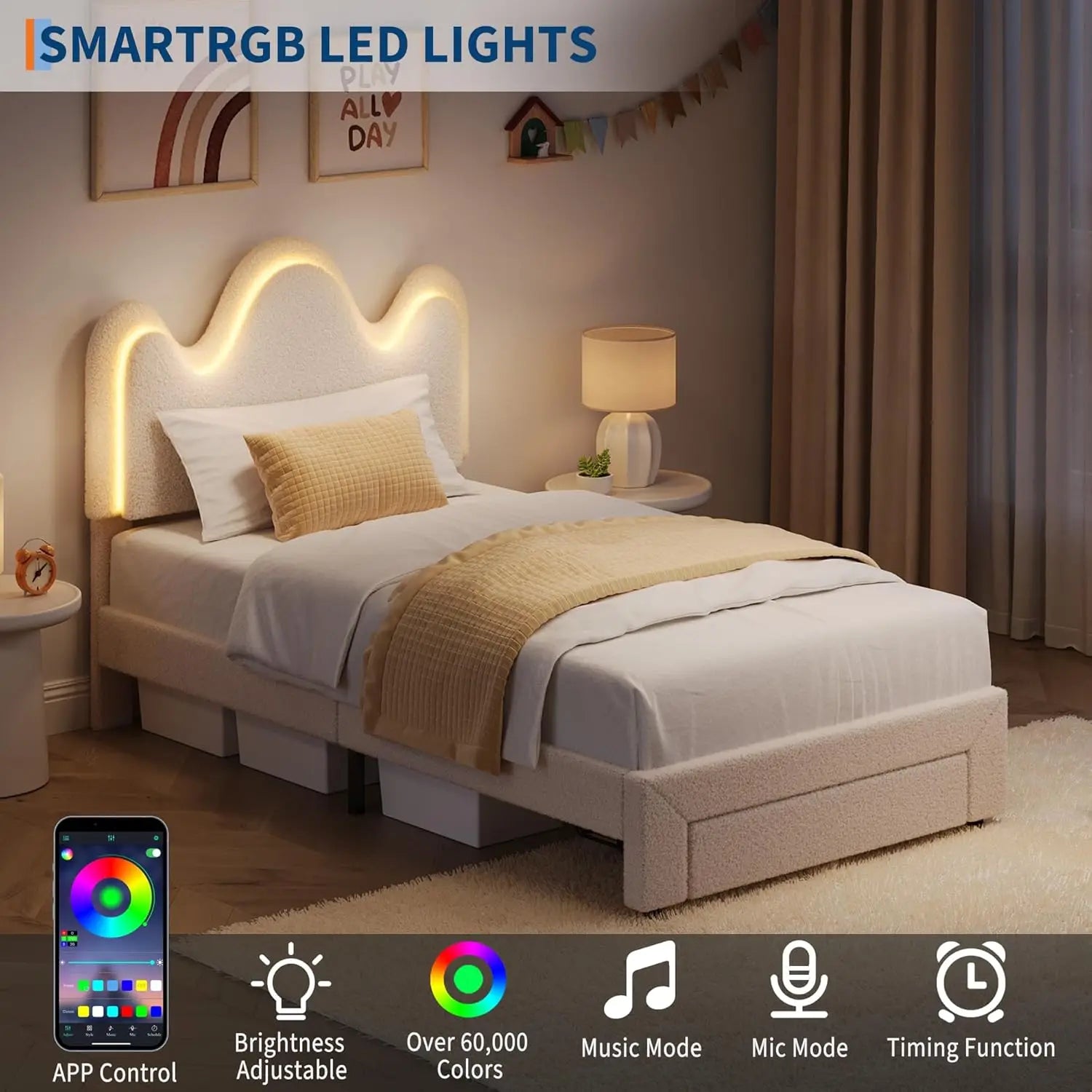 TWIN Size Boucle Princess Bed Frame for Kids/Girls - Upholstered with Flower Headboard, LED Platform Bed with Storage Drawers, S