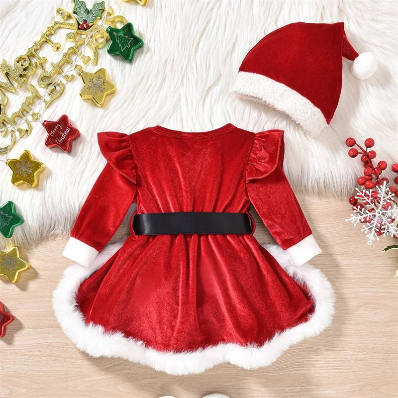 0-18 Months Baby Girls Christmas Velvet Romper Dress Terry Trim Long Sleeve Jumpsuit Santa Hat Adorable Fall Outfits