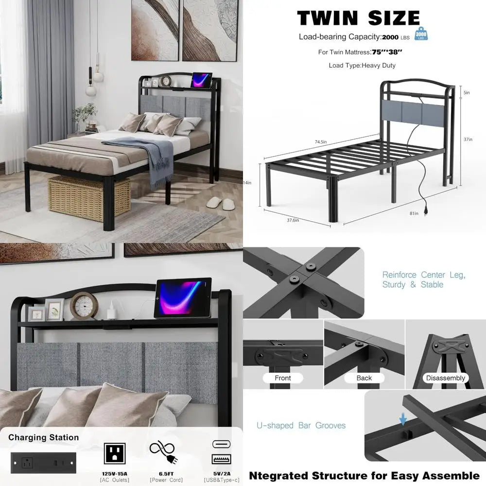 Twin Bed Frames with Headboard 14 Inch Upholstered Bed Frame for Kids Metal Black Bed Base for Girls Boys,Stable Mattress Founda