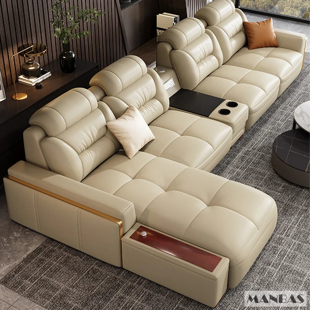 Premium Italian Genuine Leather Sectional Sofa Sets Couch Sofas with USB and Bluetooth Speaker - MANBAS Living Room Furniture