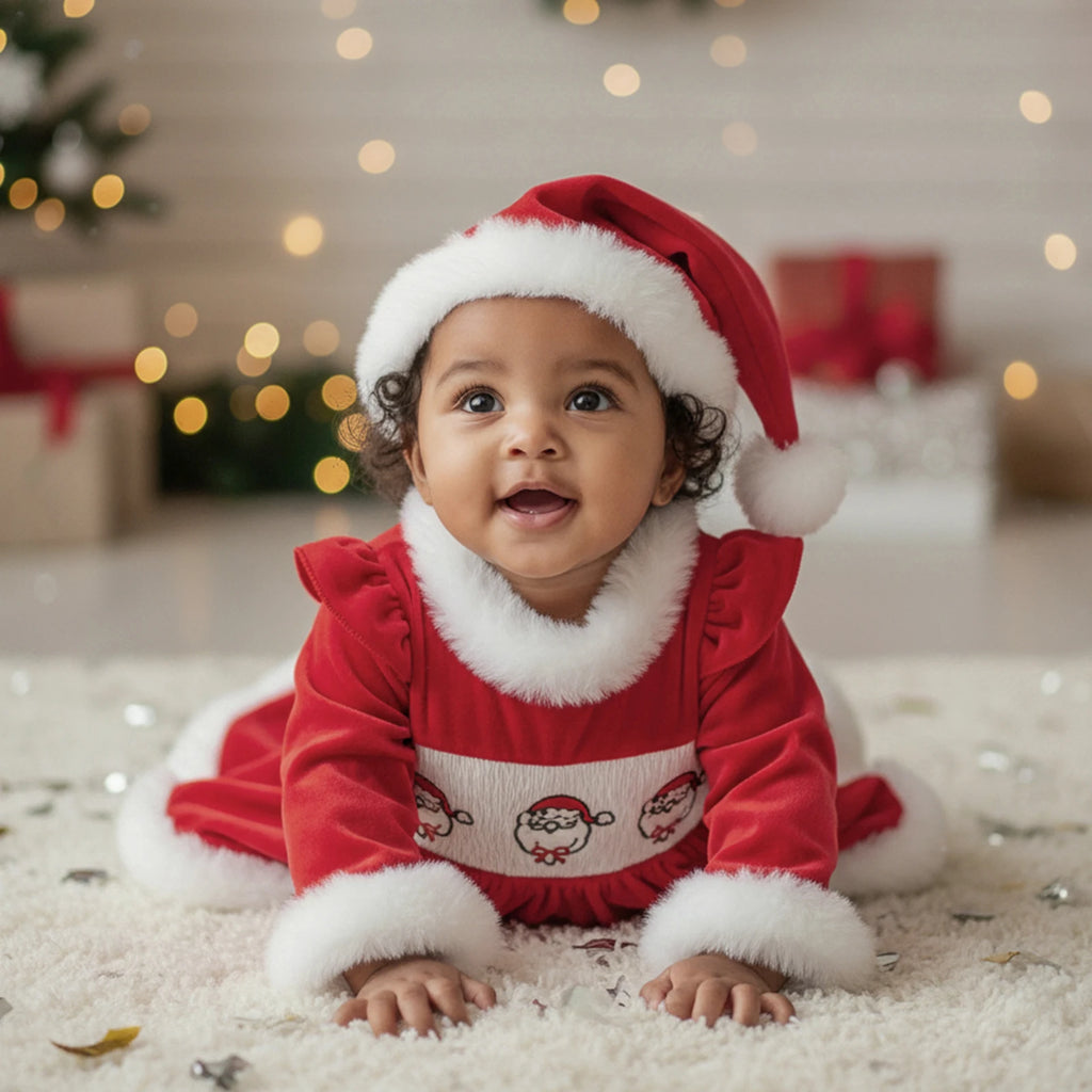 2026 New Years Xmas Baby Girl Christmas Outfit Embroidered Furry Trim Crew Neck Long Sleeve Romper Dress and Hat 2 Pcs Set