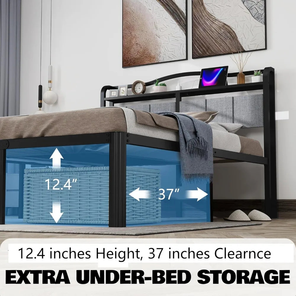 Twin Bed Frames with Headboard 14 Inch Upholstered Bed Frame for Kids Metal Black Bed Base for Girls Boys,Stable Mattress Founda