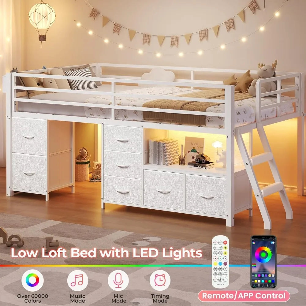 Twin Size Metal Kids Loft Bed with 7 Storage Drawers, Bookcase, LED Lights, and 14 Inches Safety Guardrail