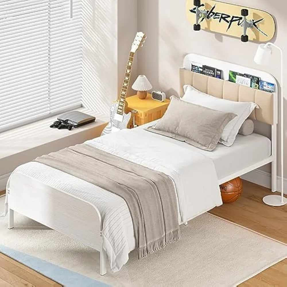 timy kids twin bed frame with bookcase headboard, metal platform bed frame with upholstered headboard for boys girls teens adult