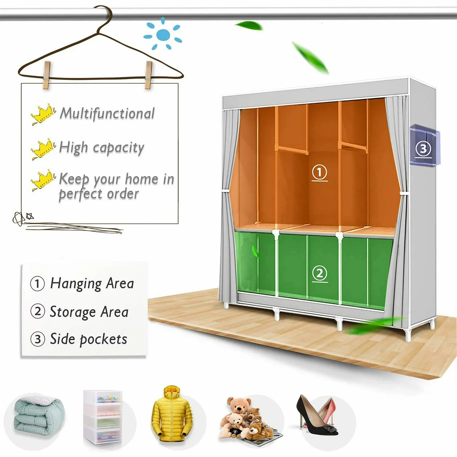 Closet Wardrobe Organizer Storage Rack Portable Clothes Shoe Clothing Shelf Dustproof Non-woven Fabric Quick and Easy to Assembl