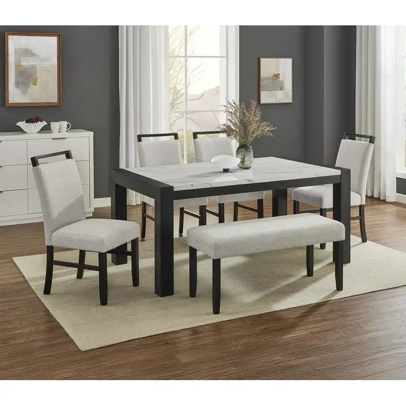 Contemporary 6-Piece Dining Set with White Faux Marble Rectangular Table, Upholstered Full Back Chairs, and Bench in Light Gray