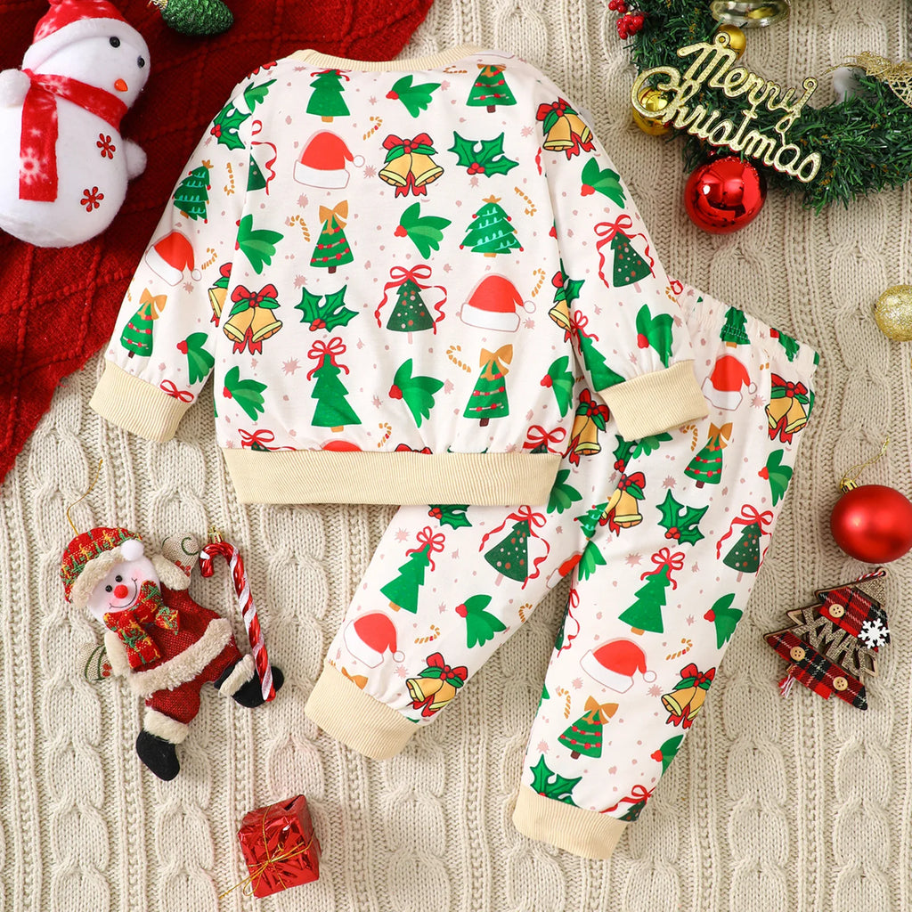 0-4Y Toddler Kids Boys Christmas Cotton 2Pcs Sets Baby Girl Clothes Santa Tree Bell Printed Sweatshirt and Pants Autumn Outfit
