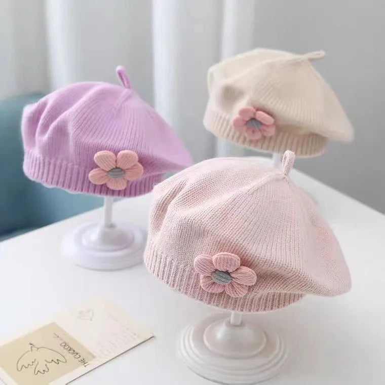 0-4Y Baby Girls' Cute Floral Beret Hat, 100% Cotton Knit Fabric, Lightweight Knit Cap for Infants Stretchable Thanksgiving