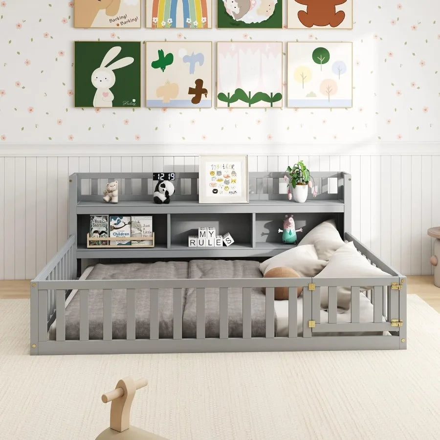 Twin Size Montessori Floor Bed for with Integrated Bedside Bookcase and Storage Doors Wooden Floor Playhouse Design Featuring S