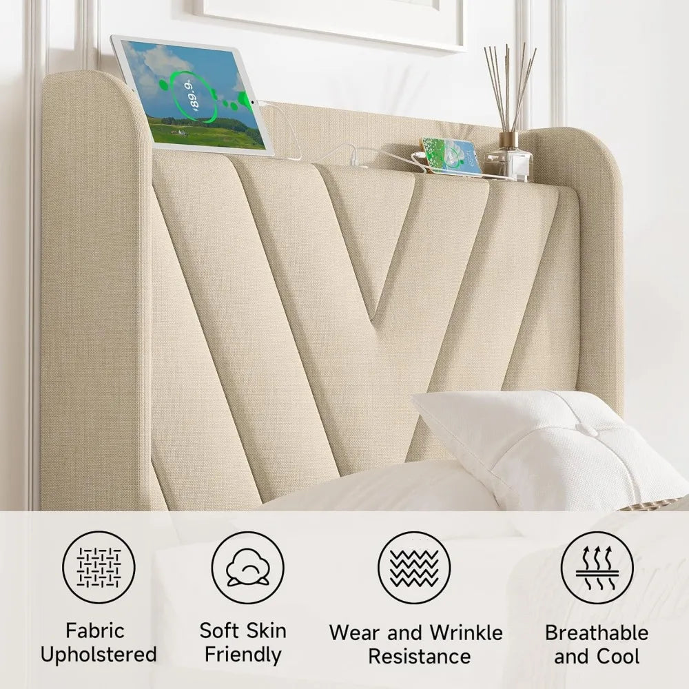 twin size bed frame with headboard, adjustable upholstered platform bed frame with type-c&usb ports for kids, wingback storage h