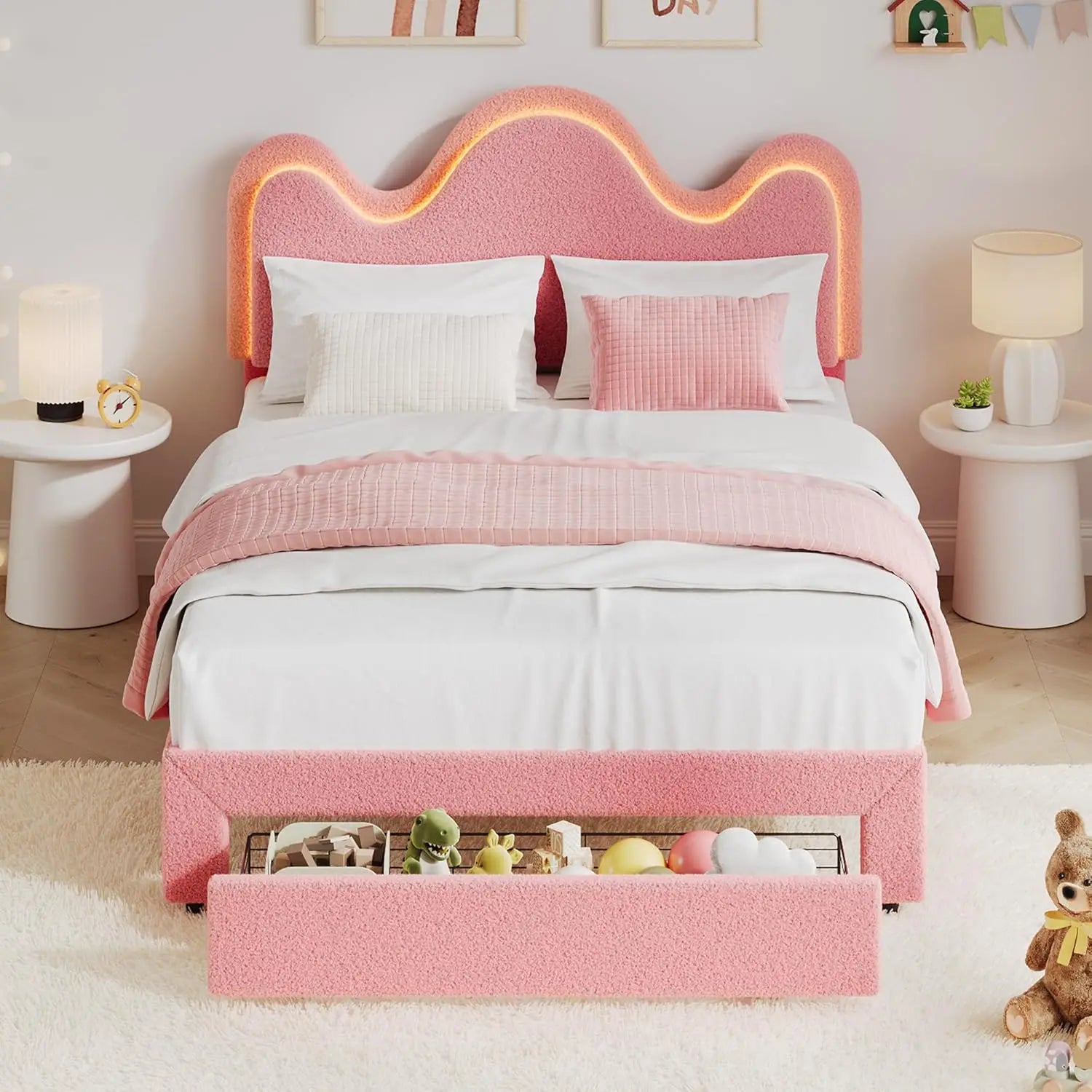 TWIN Size Boucle Princess Bed Frame for Kids/Girls - Upholstered with Flower Headboard, LED Platform Bed with Storage Drawers, S
