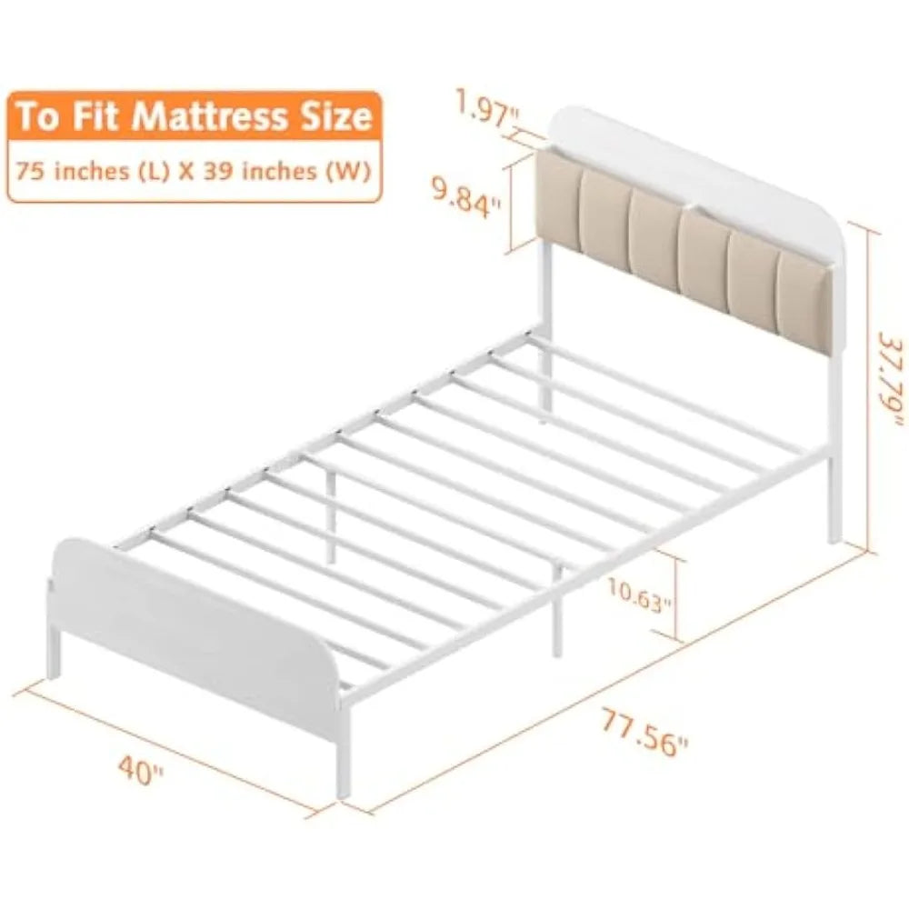timy kids twin bed frame with bookcase headboard, metal platform bed frame with upholstered headboard for boys girls teens adult