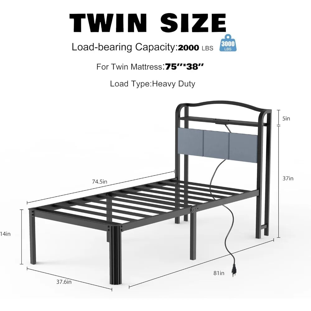 Twin Bed Frames with Headboard 14 Inch Upholstered Bed Frame for Kids Metal Black Bed Base for Girls Boys,Stable Mattress Founda