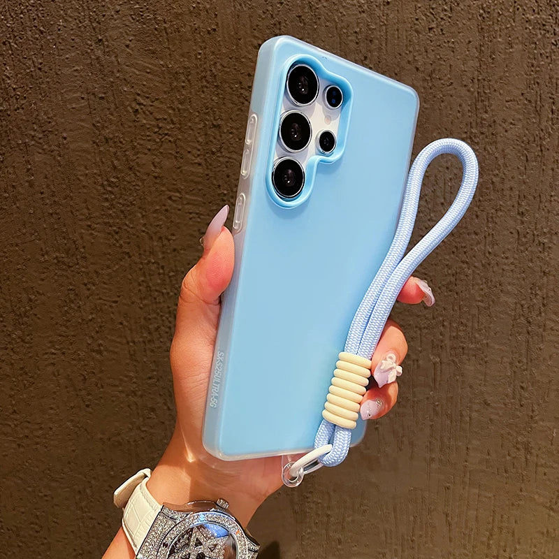 2in1 With Wrist Strap Lanyard Jelly Phone Case For Samsung Galaxy S25 S24 S23 S22 Ultra Plus FE A26 A35 A54 A16 A56 Solid Cover