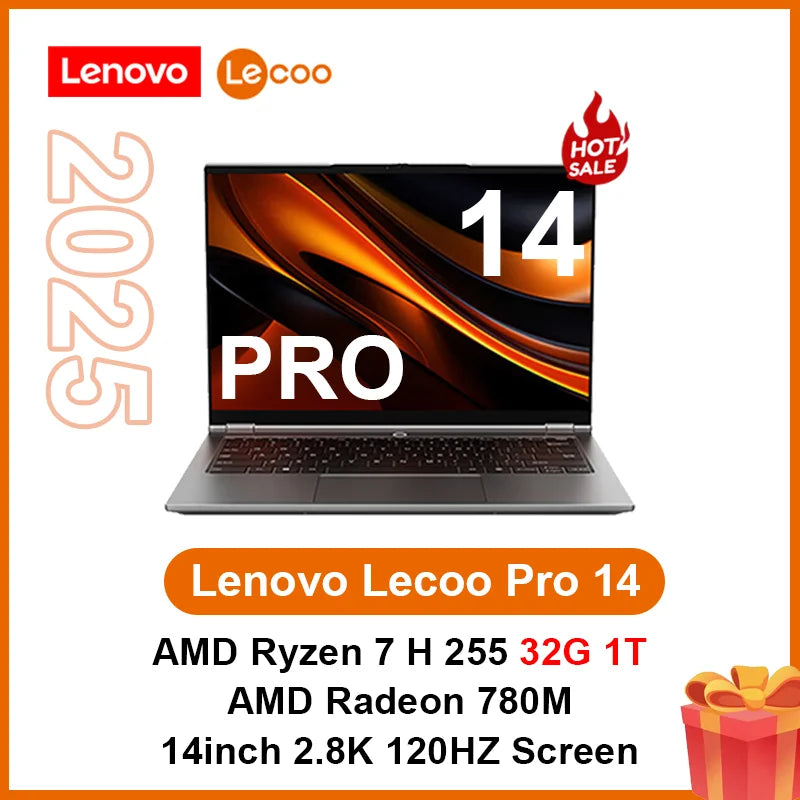 Lenovo Original Lecoo 2025 New Pro 14 Ryzen 7 H 255 AMD Radeon 780M 32GB DDR5 1TB SSD WiFi6 14inch 2.8K 120Hz Ultra Thin Laptops