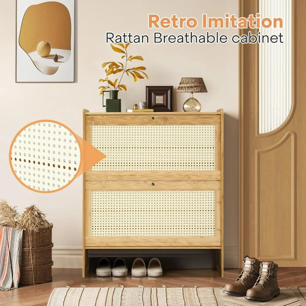 Slim 34-Inch Freestanding Bamboo Shoe Cabinet with Two Drawers for Entryway, Living Room, and Hallway Storage Solutions
