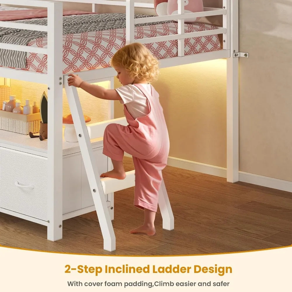 Twin Size Metal Kids Loft Bed with 7 Storage Drawers, Bookcase, LED Lights, and 14 Inches Safety Guardrail