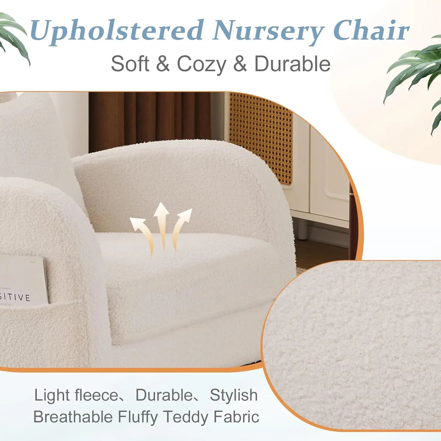 Teddy Fleece Low Seat Rocking Chair, Boucle Upholstered Nursery Glider with Side Pockets, Beige