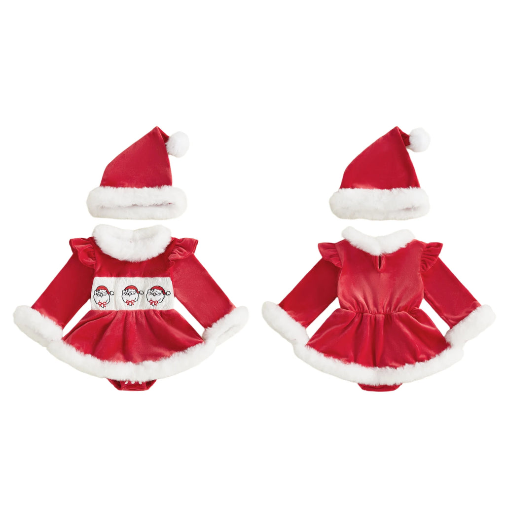 2026 New Years Xmas Baby Girl Christmas Outfit Embroidered Furry Trim Crew Neck Long Sleeve Romper Dress and Hat 2 Pcs Set