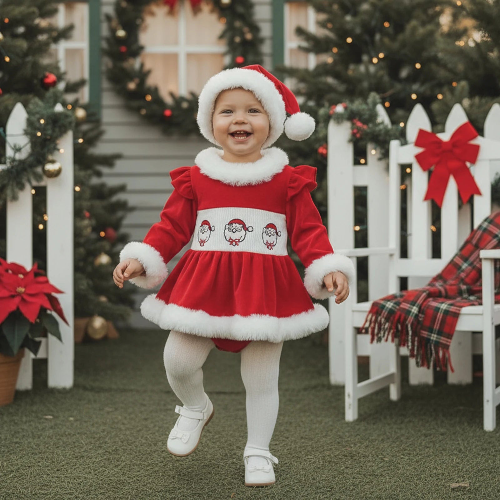 2026 New Years Xmas Baby Girl Christmas Outfit Embroidered Furry Trim Crew Neck Long Sleeve Romper Dress and Hat 2 Pcs Set