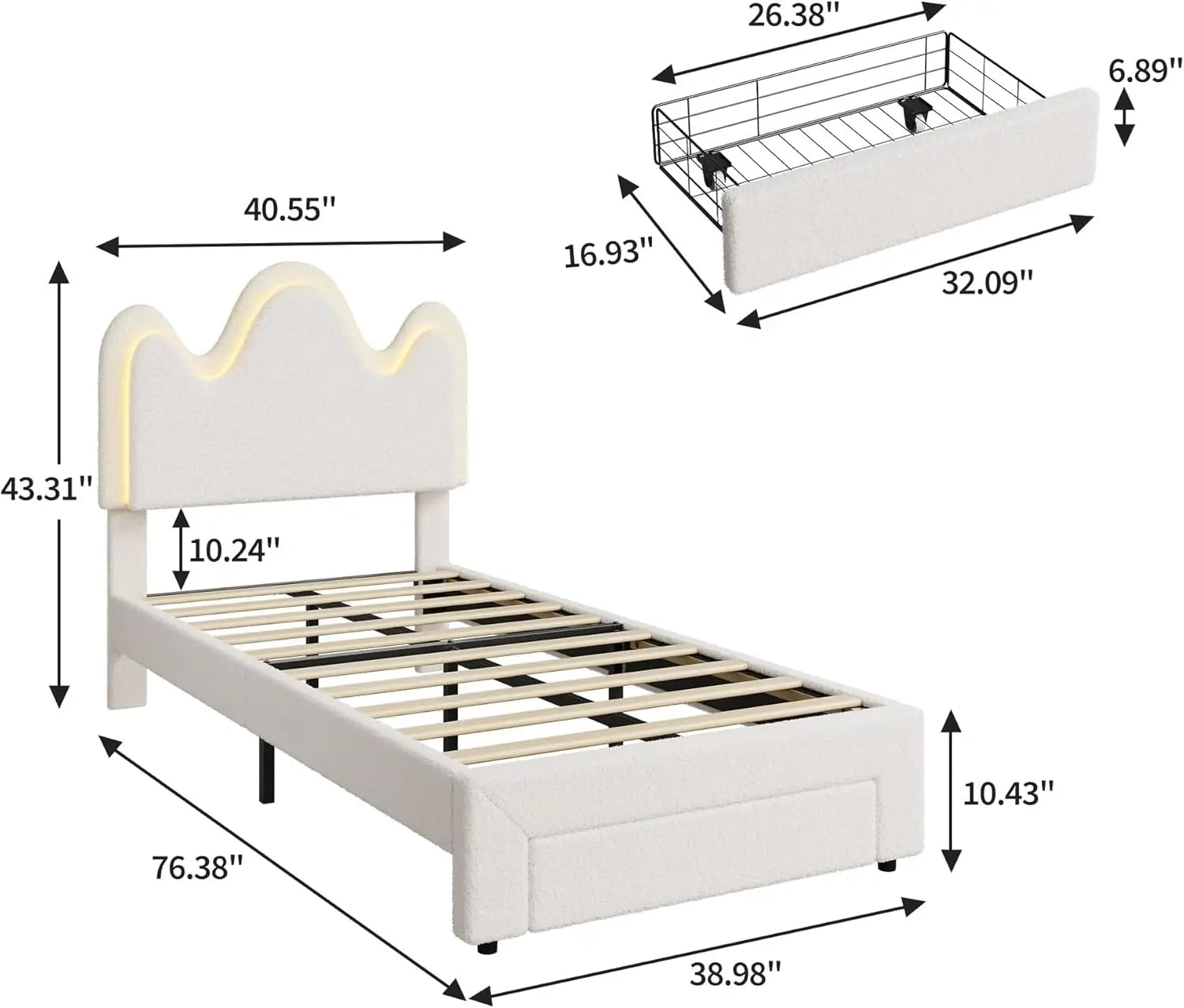 TWIN Size Boucle Princess Bed Frame for Kids/Girls - Upholstered with Flower Headboard, LED Platform Bed with Storage Drawers, S