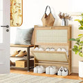 Slim 34-Inch Freestanding Bamboo Shoe Cabinet with Two Drawers for Entryway, Living Room, and Hallway Storage Solutions