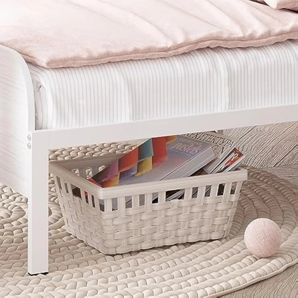 timy kids twin bed frame with bookcase headboard, metal platform bed frame with upholstered headboard for boys girls teens adult