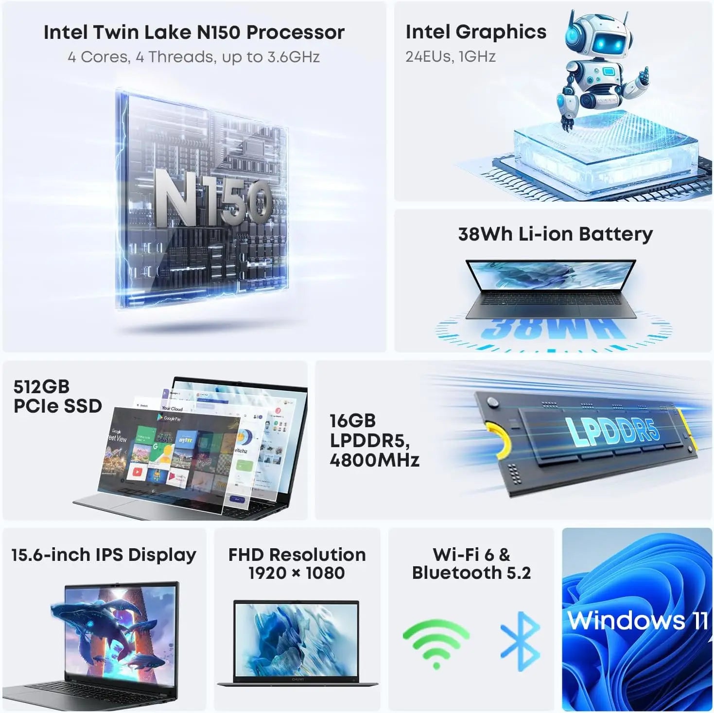 CHUWI GemiBook Plus Laptop 15.6'' FHD 1920x1080 16GB LPDDR5 512GB SSD Intel N100/N150 Alder Lake   WiFi 6 Windows 11 Laptops