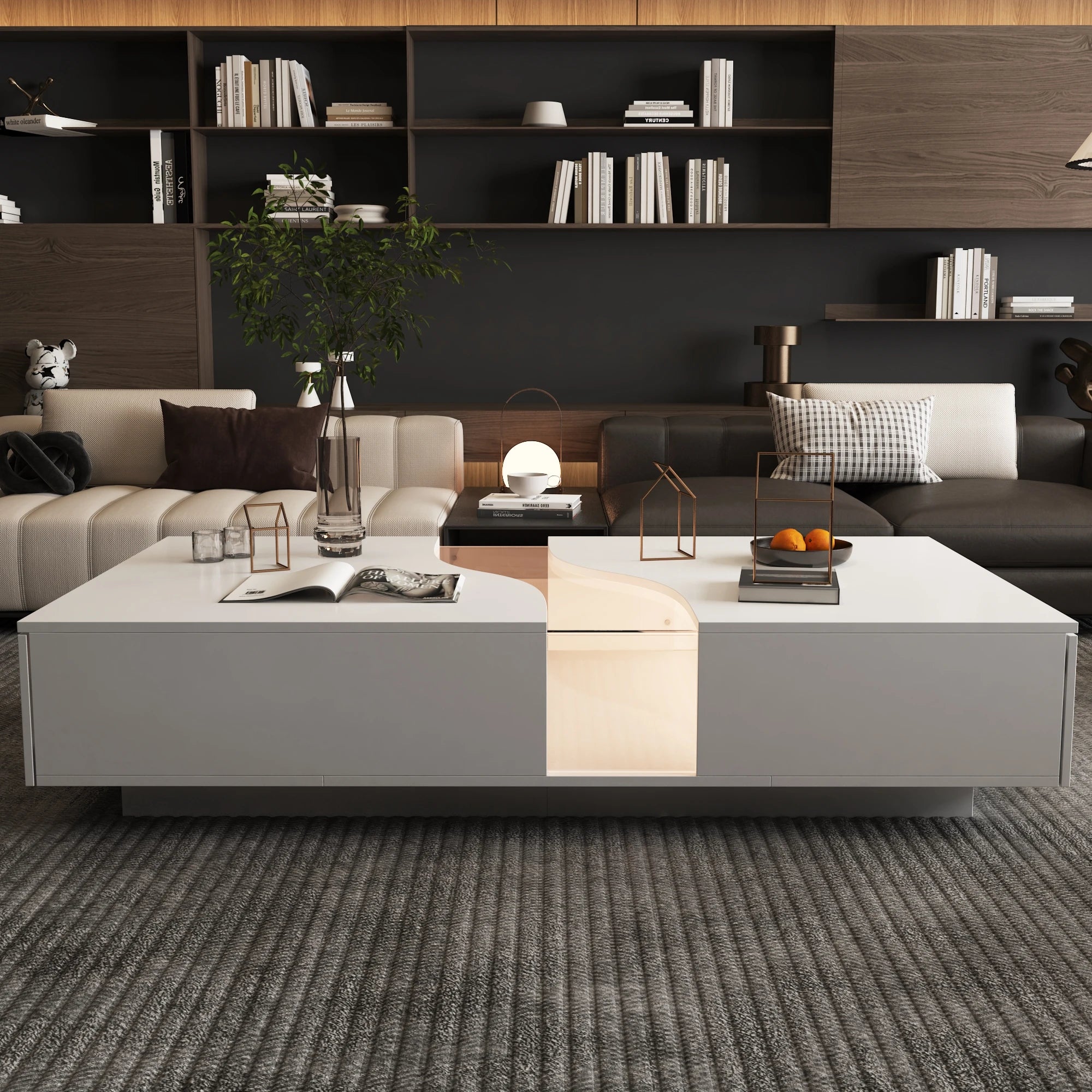 FUFU&GAGA 55.1'' Wide Modern Coffee Table With 2 Drawers & LED Lights, Coffee Table With Spacious Tabletop, For Living Room
