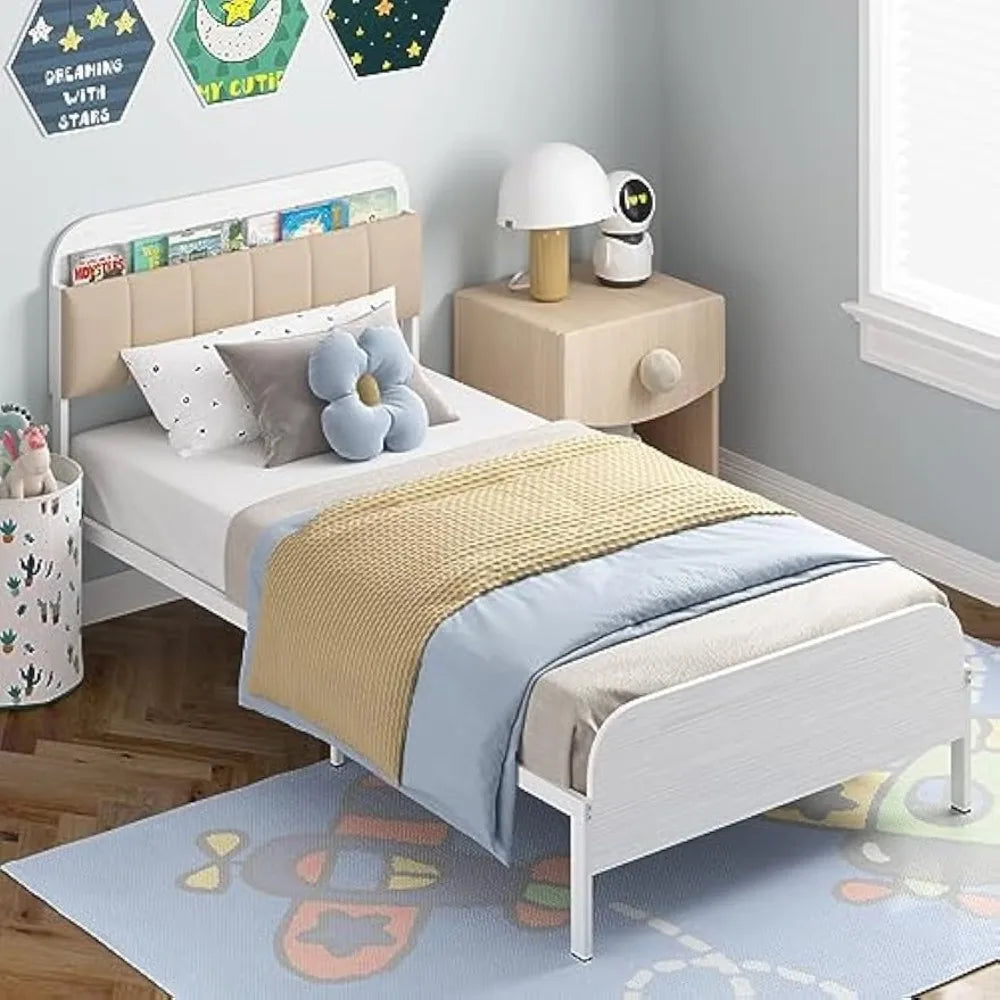 timy kids twin bed frame with bookcase headboard, metal platform bed frame with upholstered headboard for boys girls teens adult