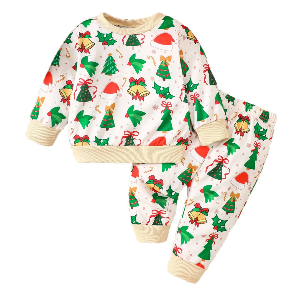 0-4Y Toddler Kids Boys Christmas Cotton 2Pcs Sets Baby Girl Clothes Santa Tree Bell Printed Sweatshirt and Pants Autumn Outfit