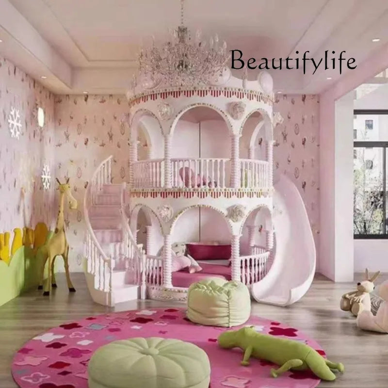 J X Normal Double Decker Kids Beds Decoration Safety Modern Slide Castle Kids Bed Princess Playpen Cama Infantil Furniture Home