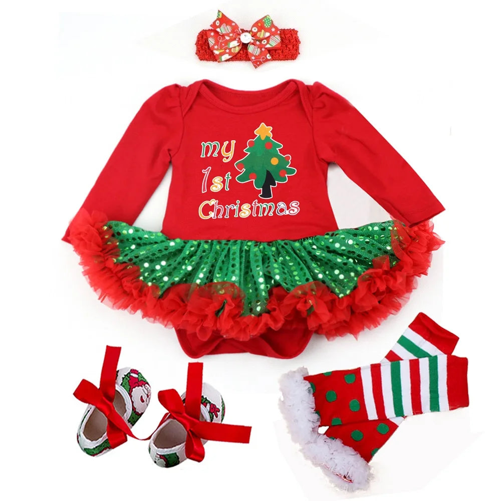 My 1st Christmas Baby Girls Romper Sets Xmas Party Dress Set Christmas Costume Clothes Baby Clothing 4Pcs Christmas's Baby Gifts