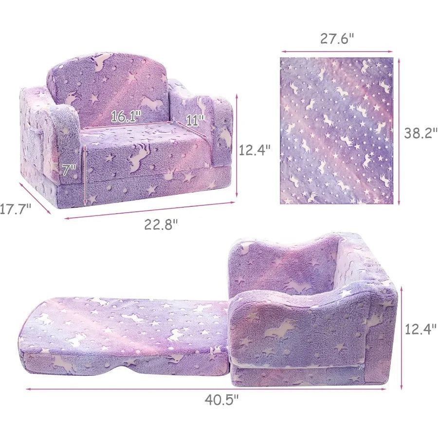 Comfy Toddler Couch and Chair for with Blanket 2in1 Soft Plush Fold Out Sofa Chairs for Girls and Boys Convertible Sofa to Loun