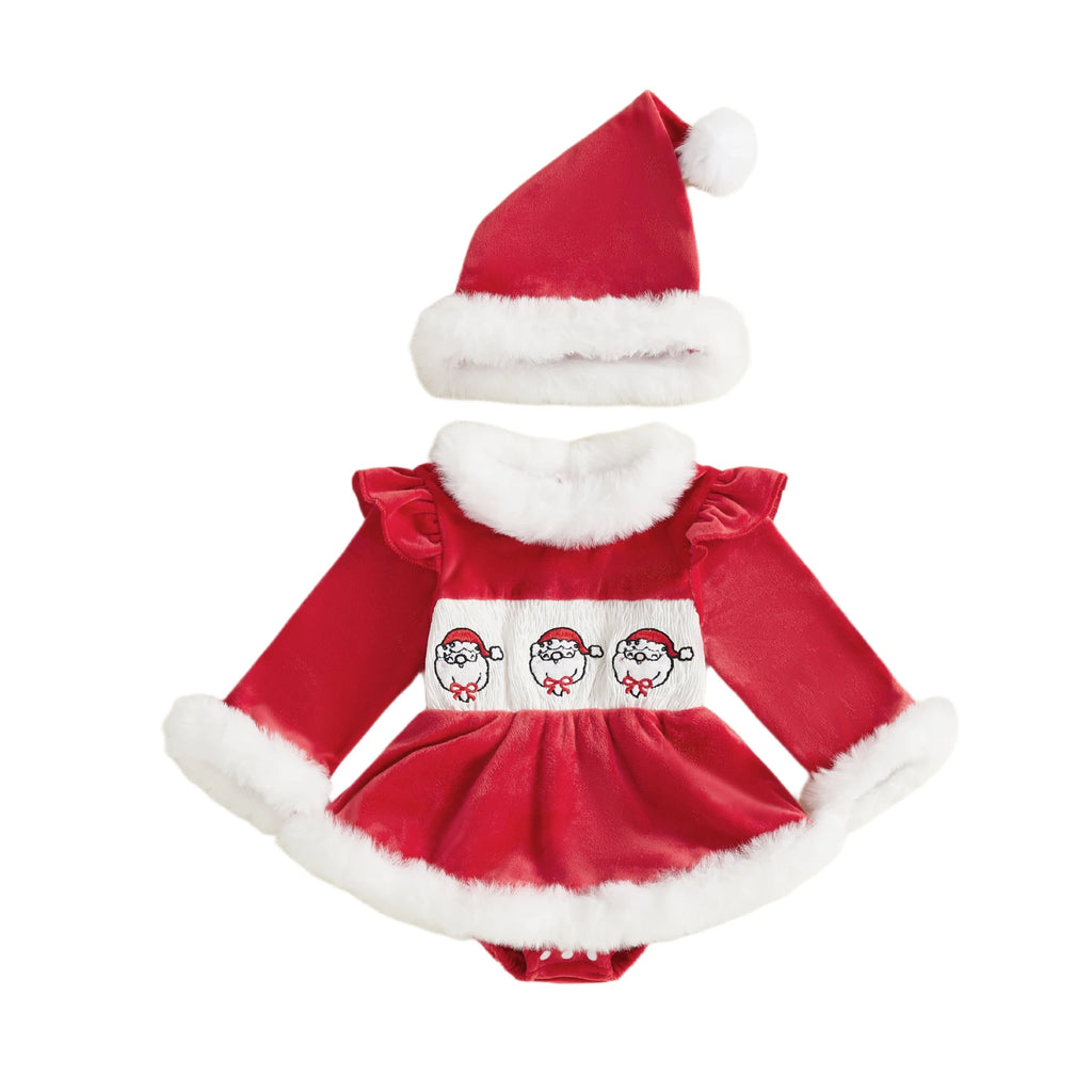 2026 New Years Xmas Baby Girl Christmas Outfit Embroidered Furry Trim Crew Neck Long Sleeve Romper Dress and Hat 2 Pcs Set