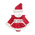 2026 New Years Xmas Baby Girl Christmas Outfit Embroidered Furry Trim Crew Neck Long Sleeve Romper Dress and Hat 2 Pcs Set