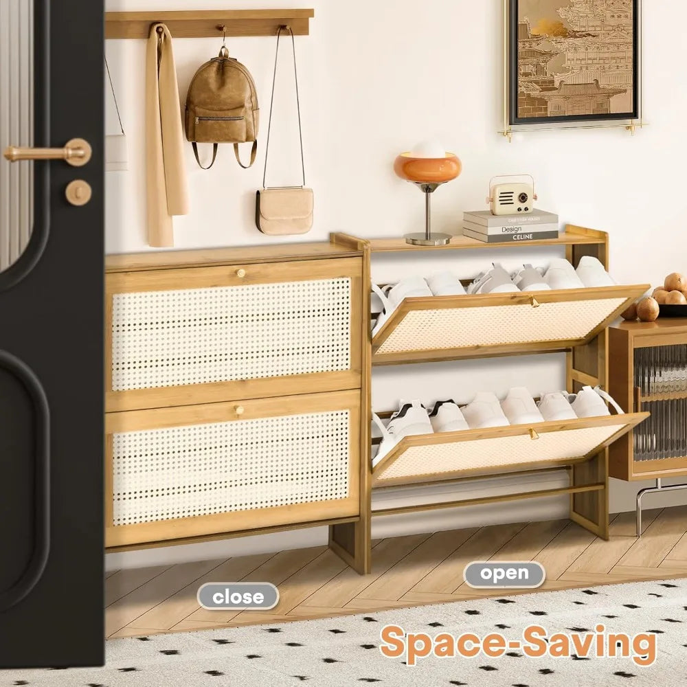 Slim 34-Inch Freestanding Bamboo Shoe Cabinet with Two Drawers for Entryway, Living Room, and Hallway Storage Solutions