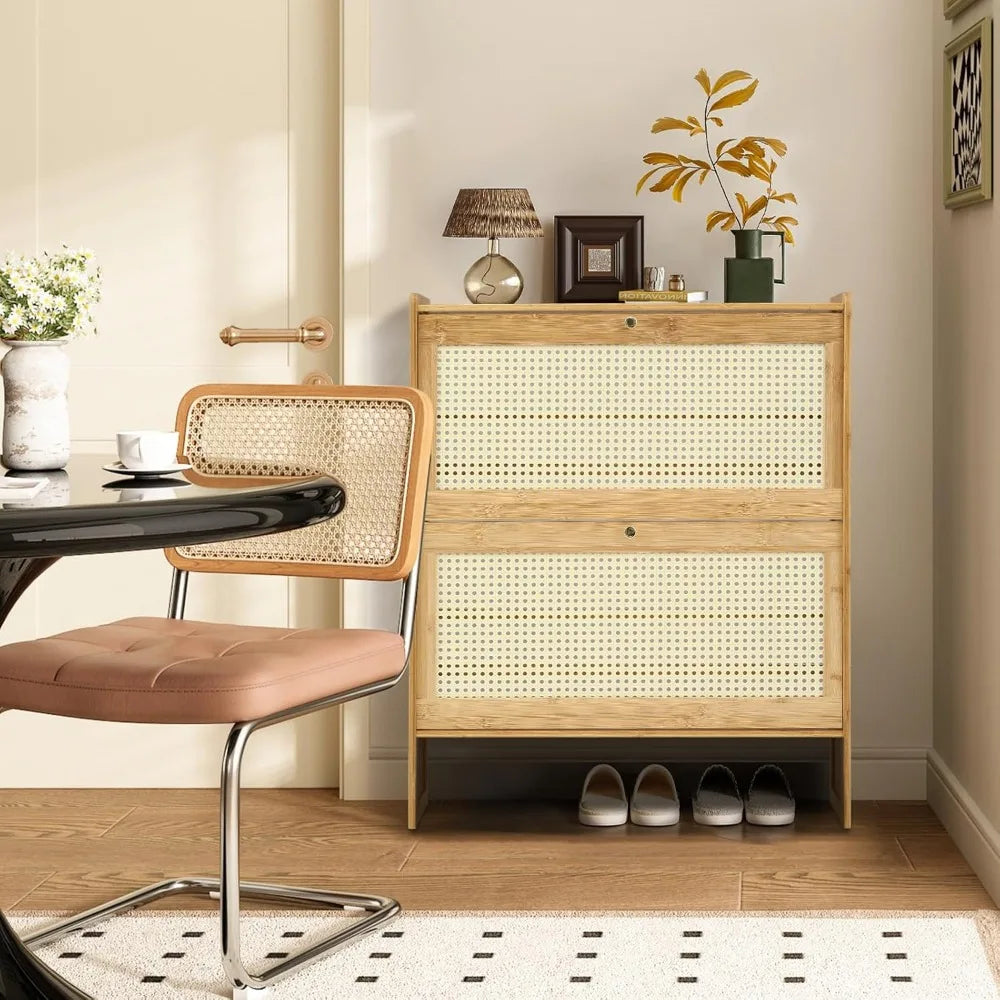 Slim 34-Inch Freestanding Bamboo Shoe Cabinet with Two Drawers for Entryway, Living Room, and Hallway Storage Solutions