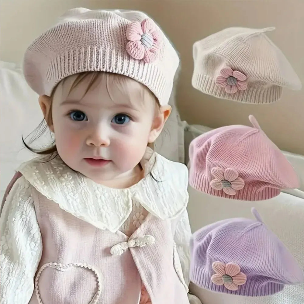 0-4Y Baby Girls' Cute Floral Beret Hat, 100% Cotton Knit Fabric, Lightweight Knit Cap for Infants Stretchable Thanksgiving