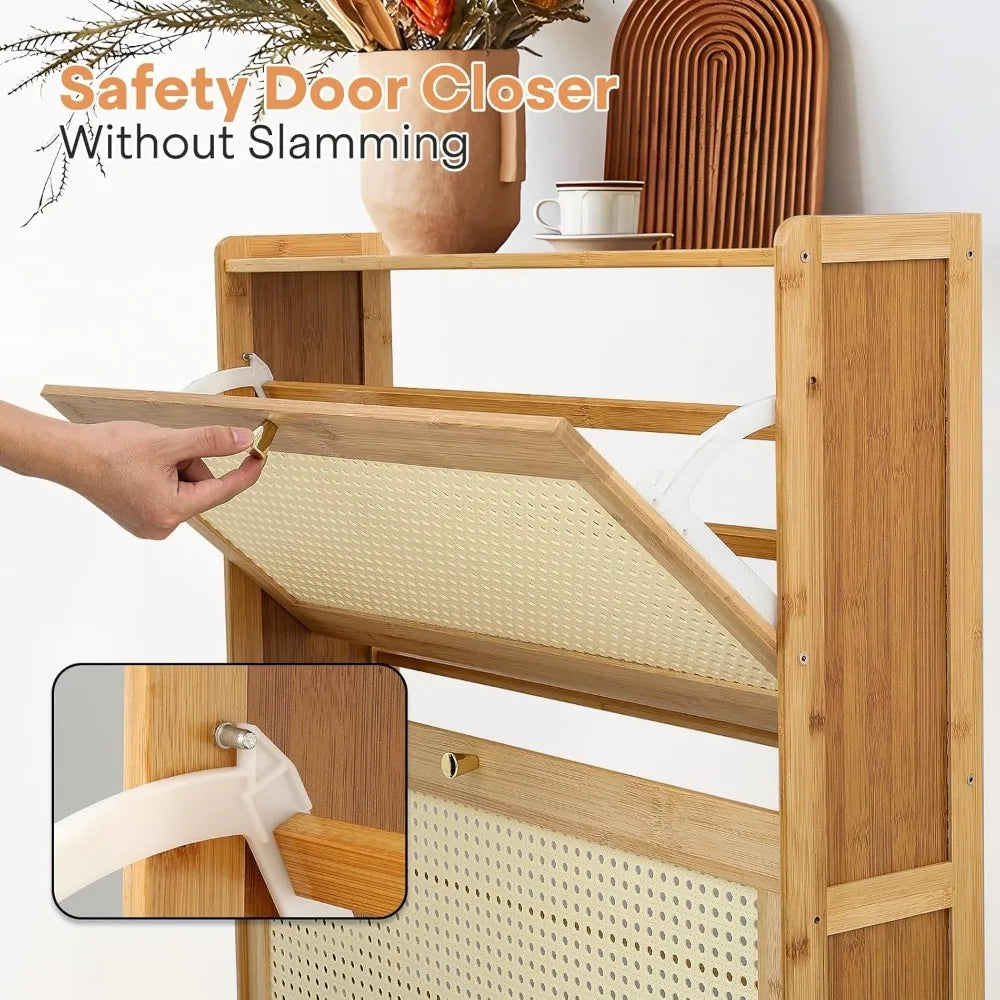 Slim 34-Inch Freestanding Bamboo Shoe Cabinet with Two Drawers for Entryway, Living Room, and Hallway Storage Solutions