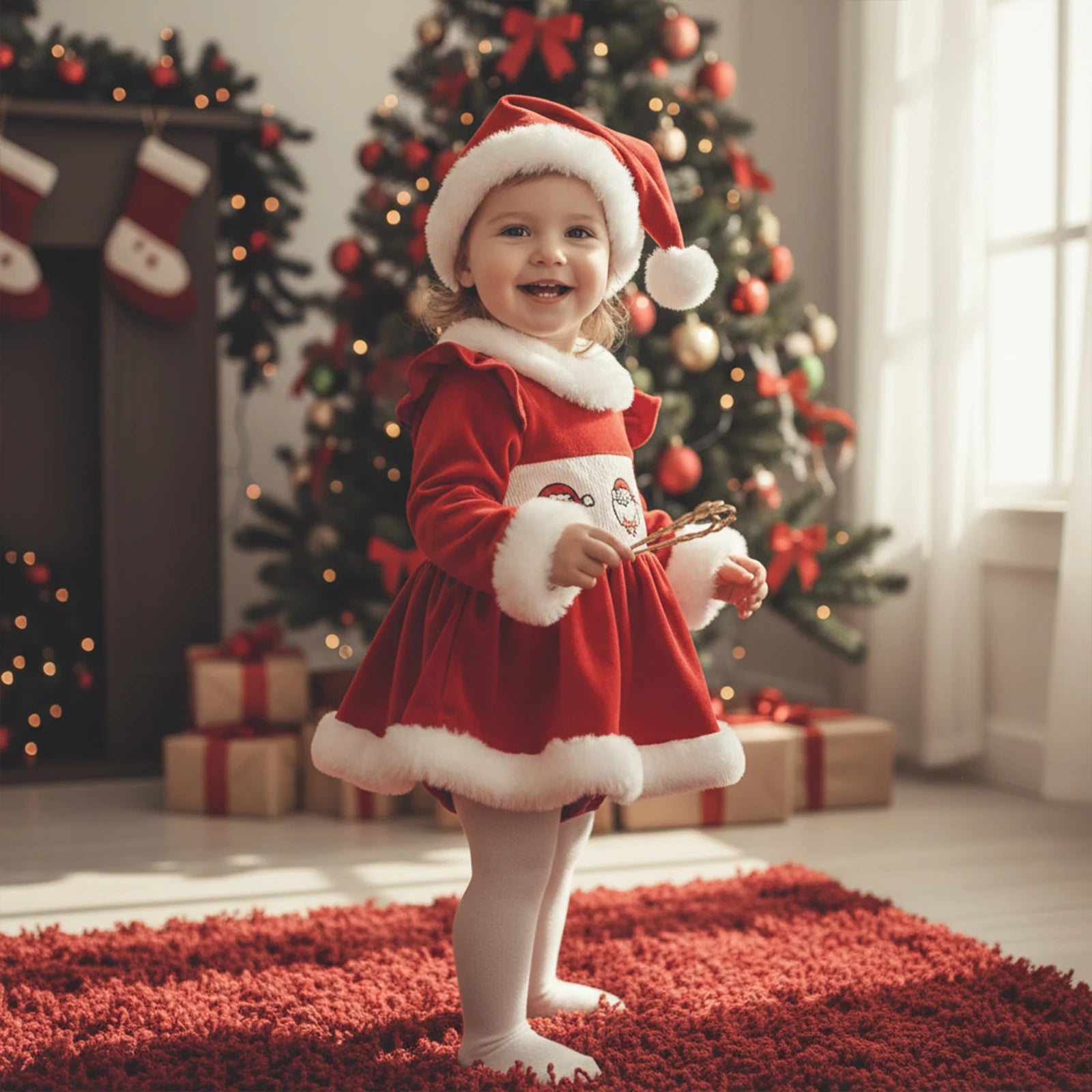 2026 New Years Xmas Baby Girl Christmas Outfit Embroidered Furry Trim Crew Neck Long Sleeve Romper Dress and Hat 2 Pcs Set