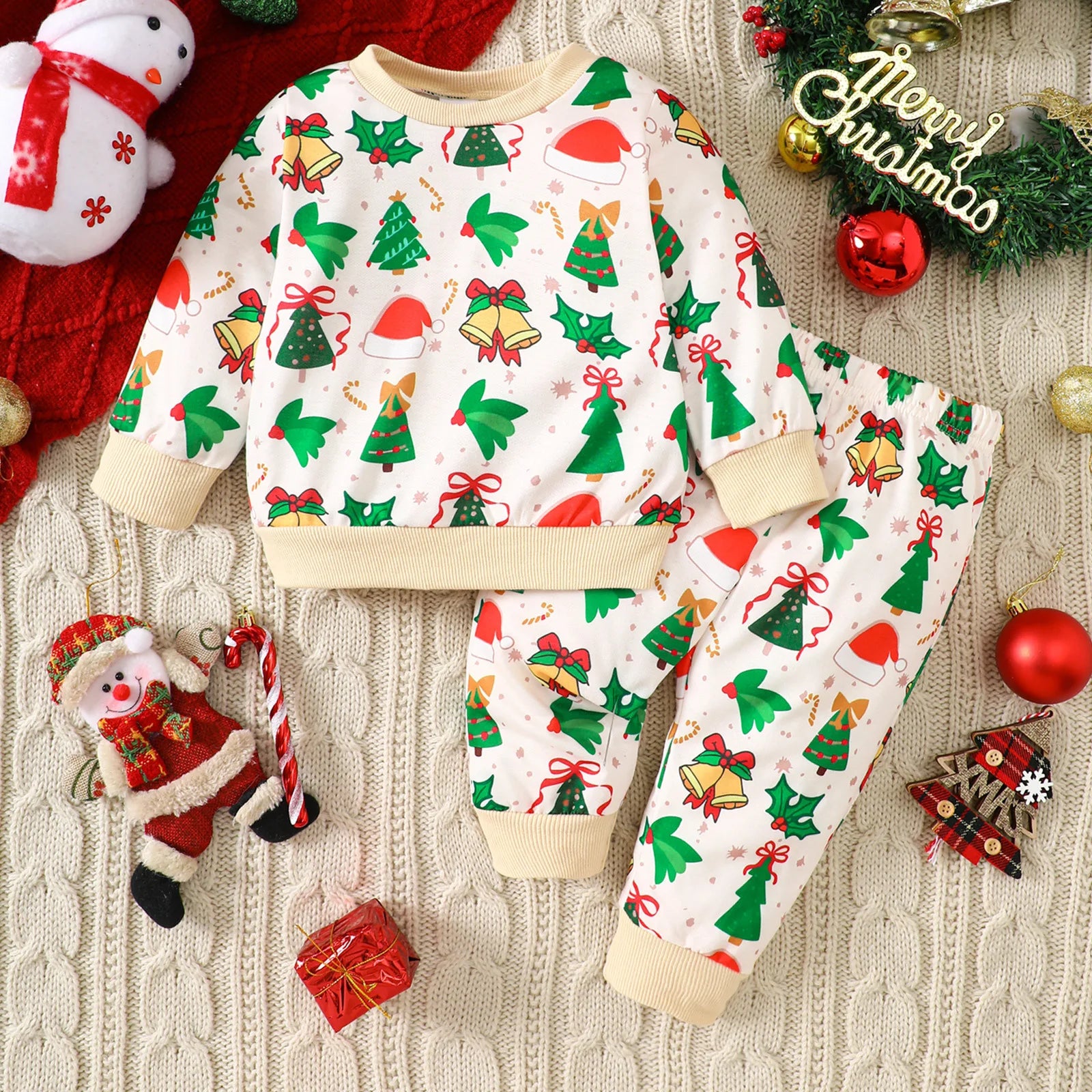 0-4Y Toddler Kids Boys Christmas Cotton 2Pcs Sets Baby Girl Clothes Santa Tree Bell Printed Sweatshirt and Pants Autumn Outfit