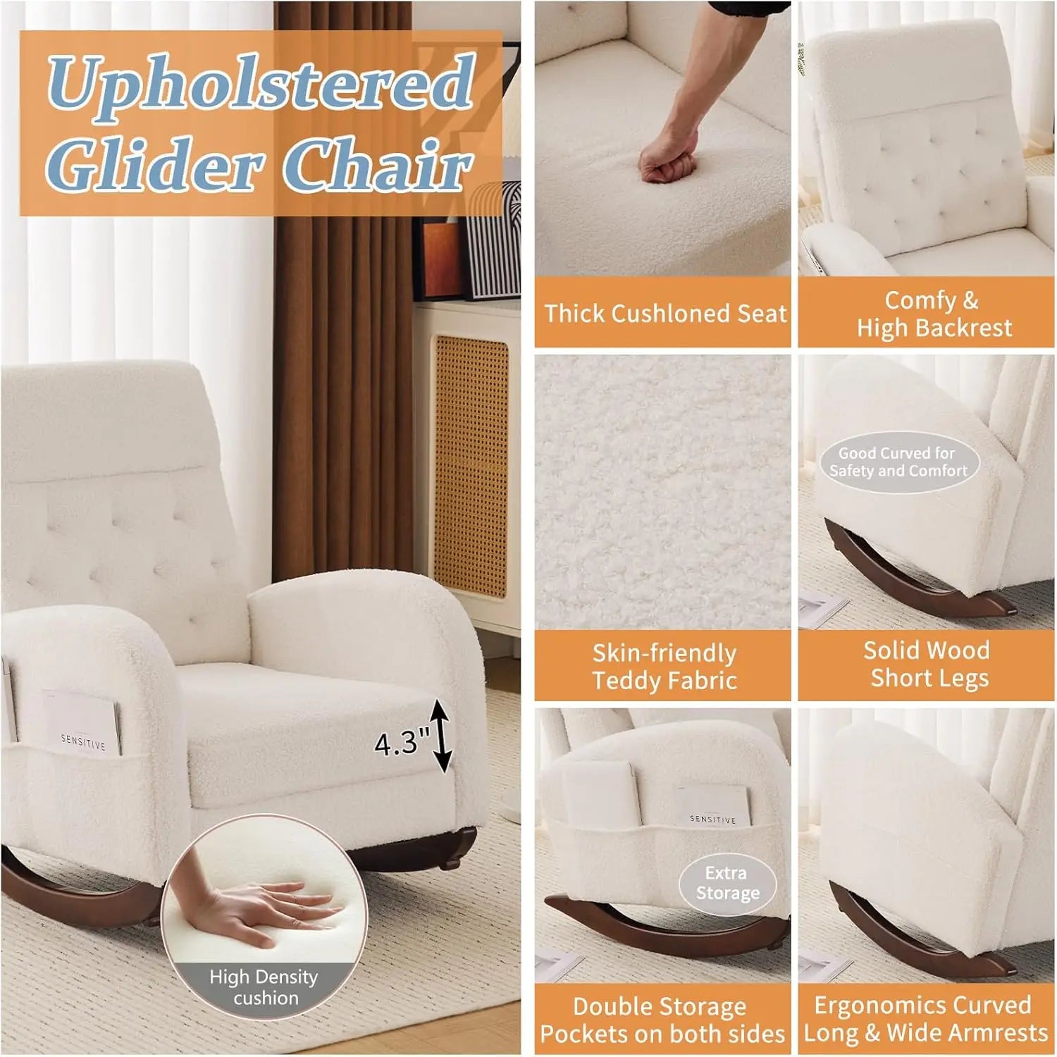 Teddy Fleece Low Seat Rocking Chair, Boucle Upholstered Nursery Glider with Side Pockets, Beige