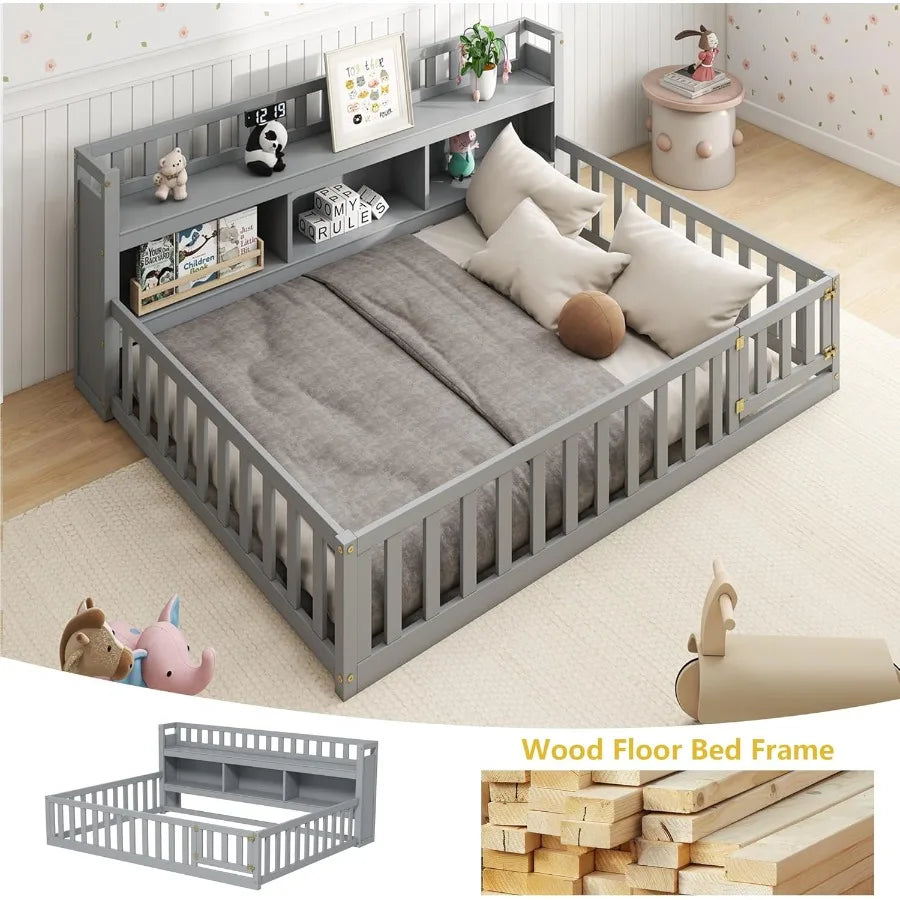 Twin Size Montessori Floor Bed for with Integrated Bedside Bookcase and Storage Doors Wooden Floor Playhouse Design Featuring S