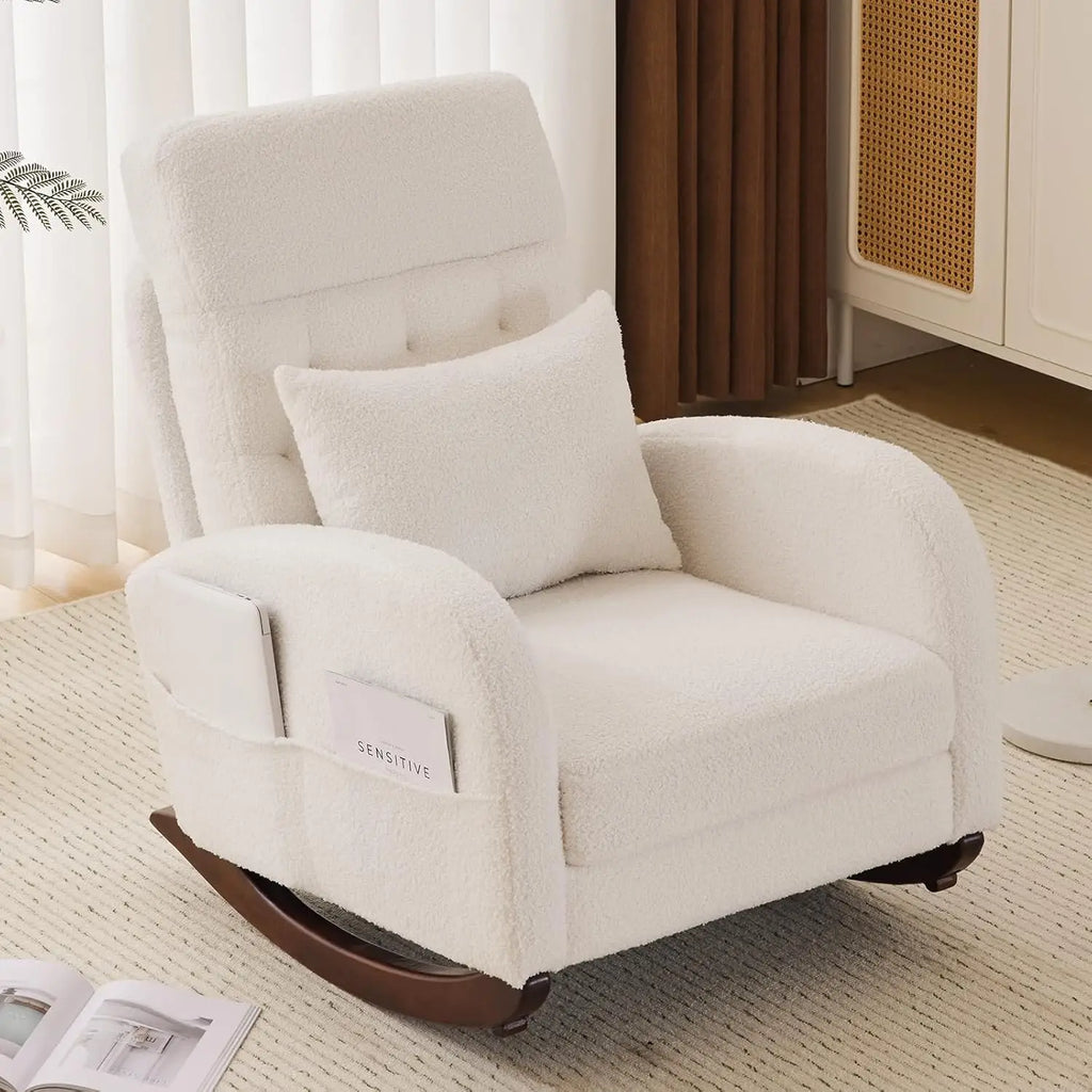 Teddy Fleece Low Seat Rocking Chair, Boucle Upholstered Nursery Glider with Side Pockets, Beige