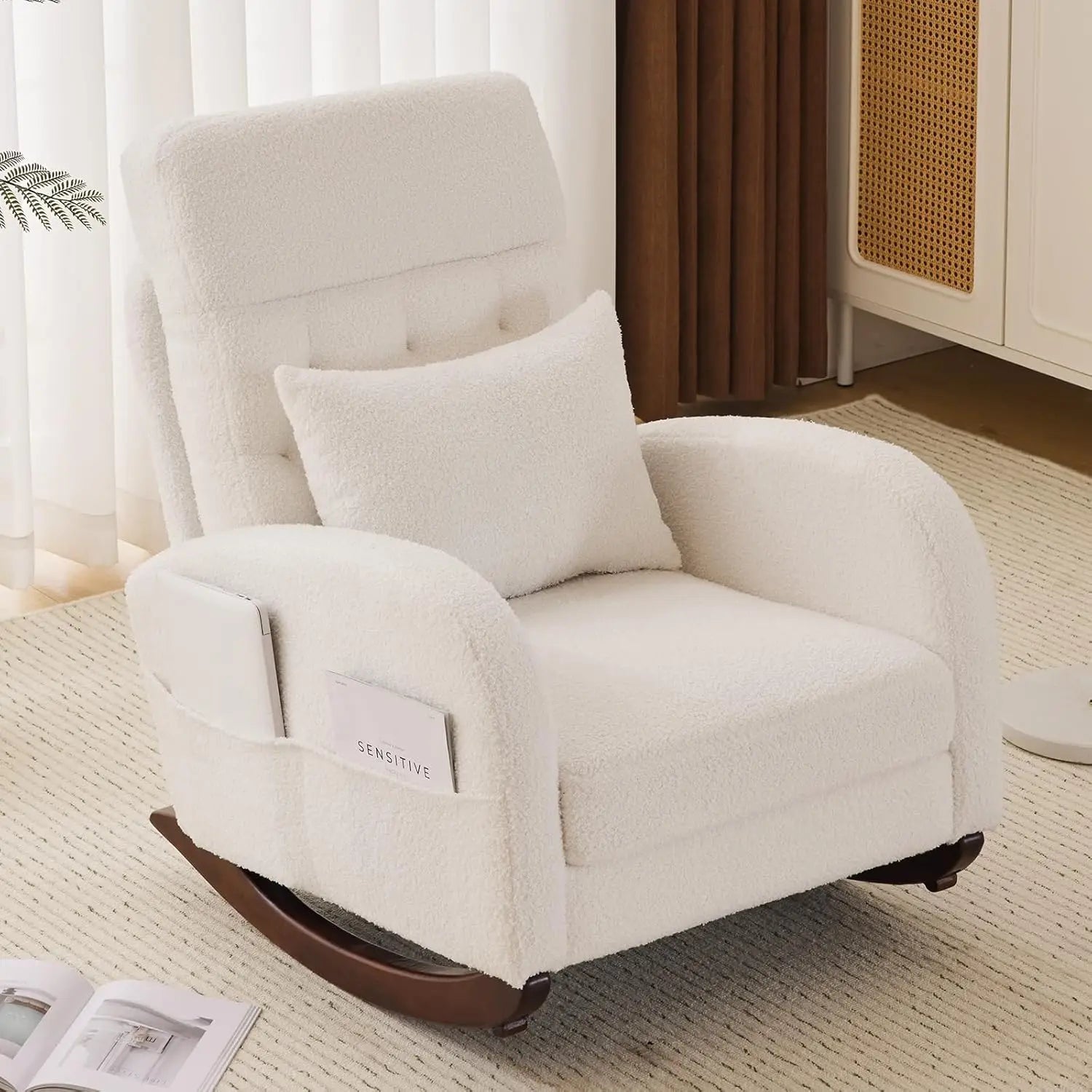 Teddy Fleece Low Seat Rocking Chair, Boucle Upholstered Nursery Glider with Side Pockets, Beige