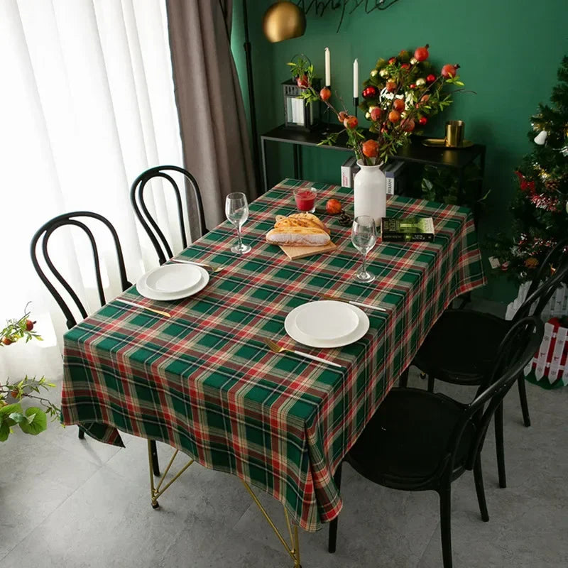 Green Checkered Table Cloth Rectangle Cotton Linen Fabric Washable Buffalo Plaid Table Covers for Festival Party Christmas Decor