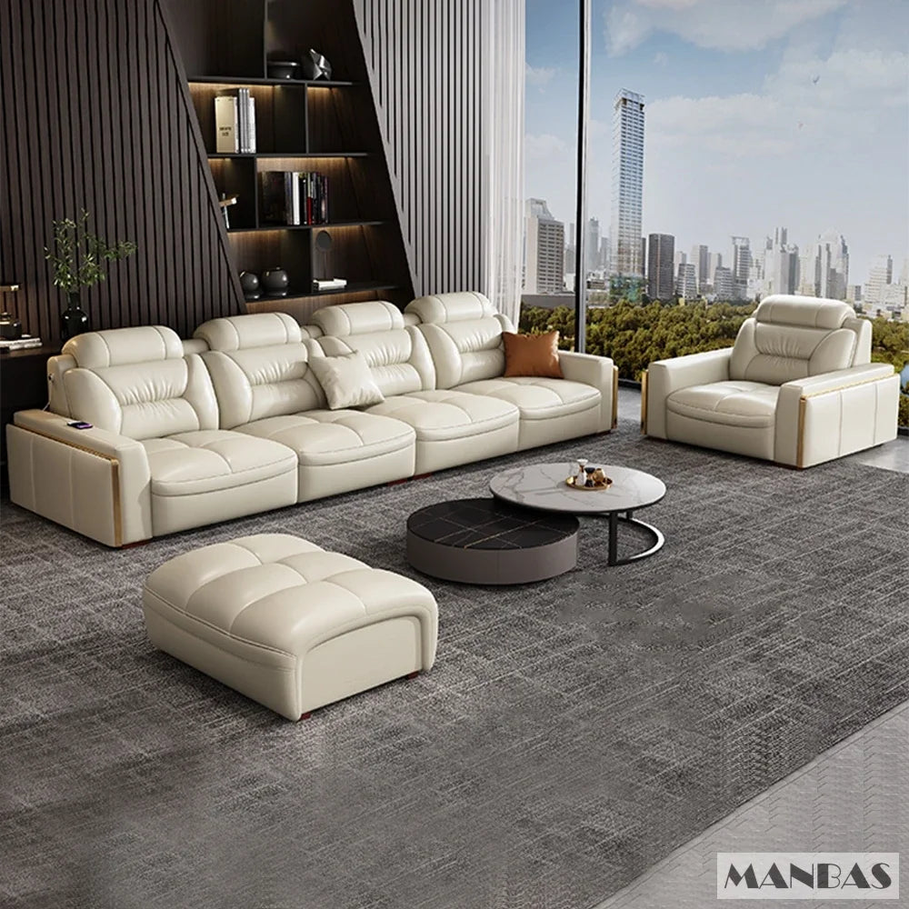 Premium Italian Genuine Leather Sectional Sofa Sets Couch Sofas with USB and Bluetooth Speaker - MANBAS Living Room Furniture