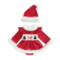 2026 New Years Xmas Baby Girl Christmas Outfit Embroidered Furry Trim Crew Neck Long Sleeve Romper Dress and Hat 2 Pcs Set